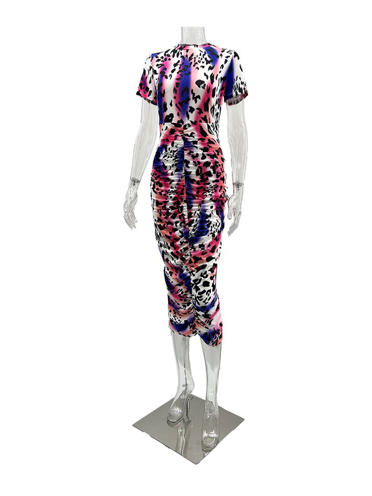 Short Sleeve Leopard Printed  Bodycon Dress