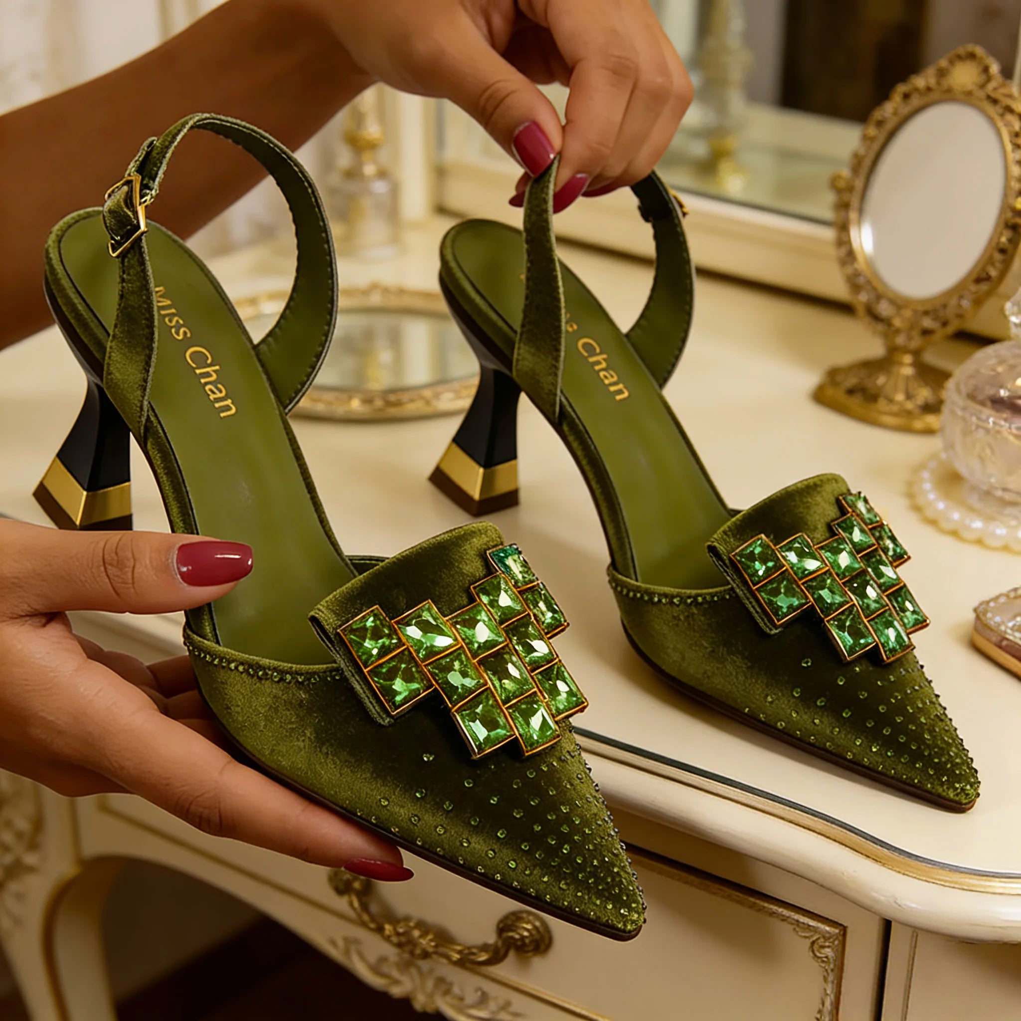 Venus Chan 2026 Elegant Green Slingback Heels with Rhinestones