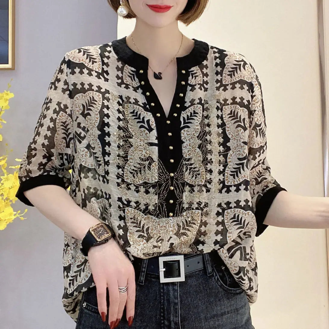 Elegant Fashion Rivet Casual Printing Summer Short Sleeve Loose Temperament Shirt