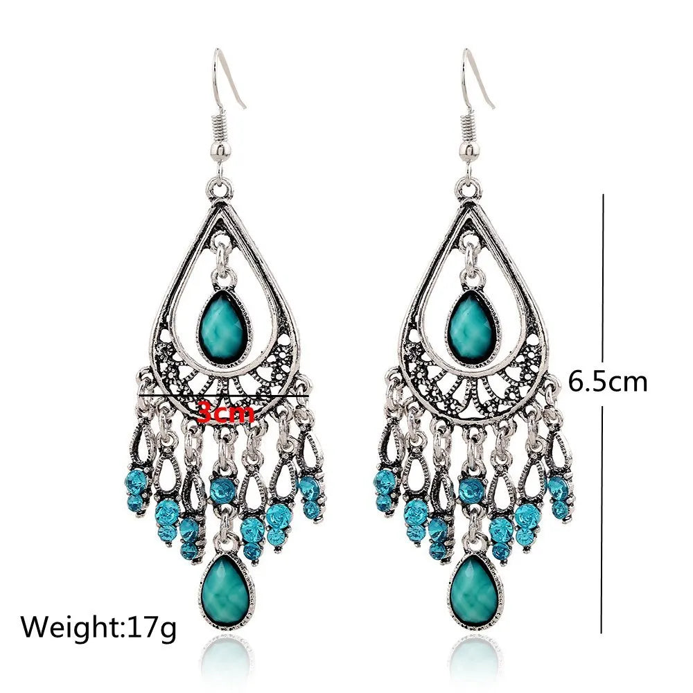 Bohemian Ethnic Style Antique Silver Color Alloy Hollow Acrylic Resin Gems Water Droplet Tassel Earrings