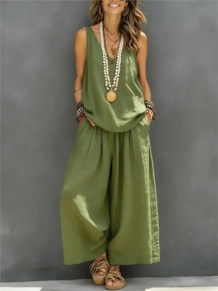 Casual Cotton Linen Vest Trousers 2-piece Summer New Fashion Loose Retro Simple Women's Vacation Wide-leg Trousers Set 2026