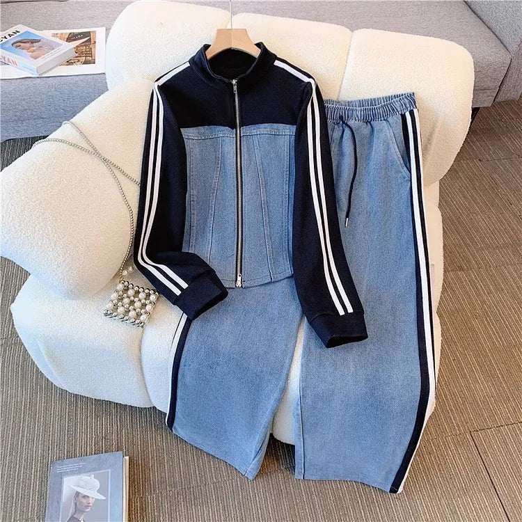 Pant Set Women Two Piece Denim Splice Zipper Matching Set