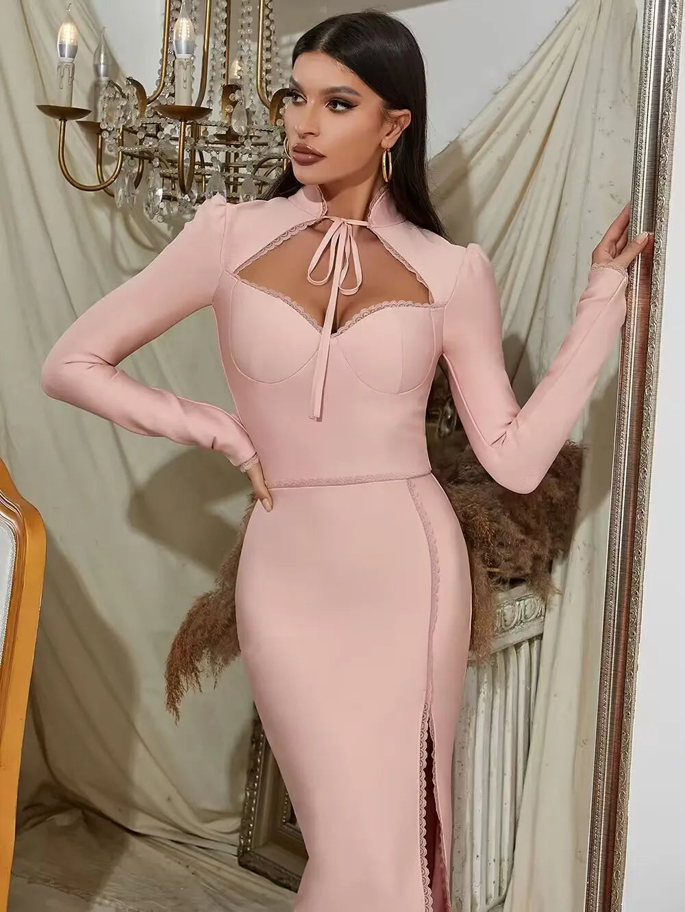 Sexy Striped Long Sleeve Square Collar Lace Up Midi Calf Bandage Dress