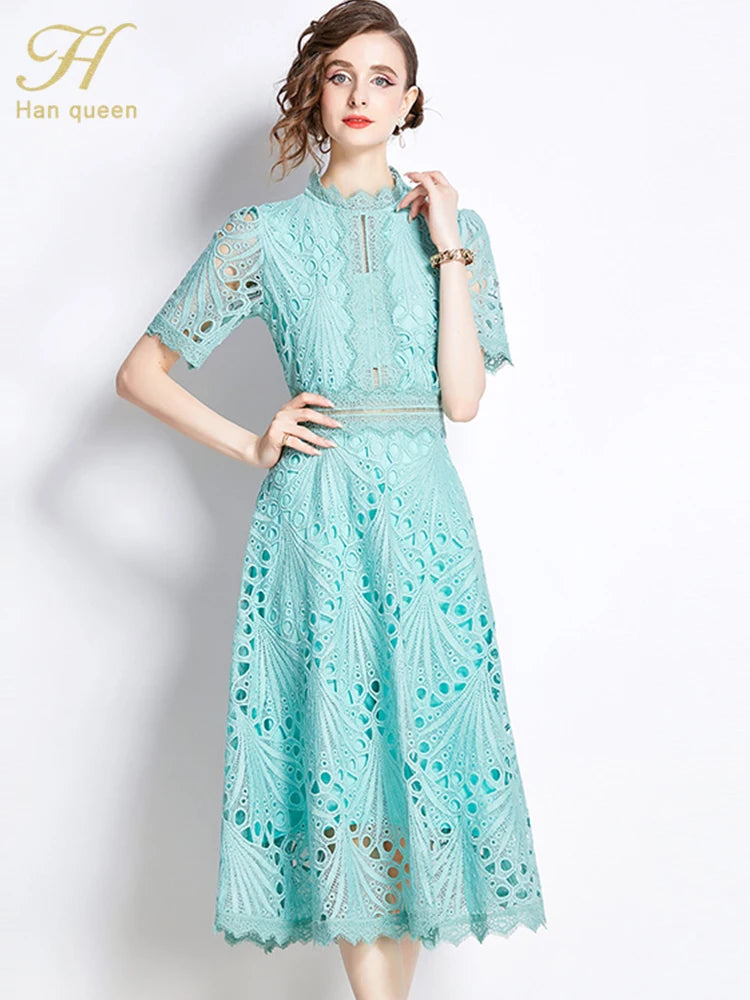 Spring New Elegant Floral Crochet Hollow Out Lace Patchwork Casual Office Midi Dress