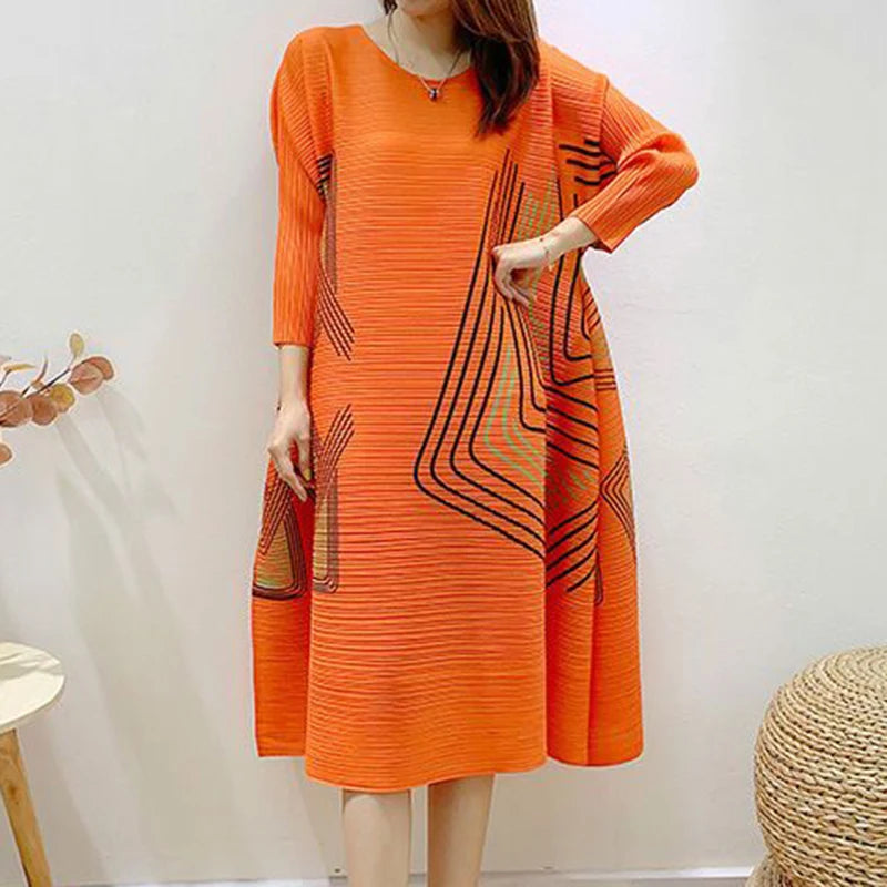 Orange Pleated A-Line Maxi Dress