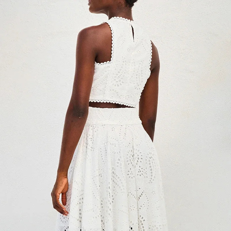 Slim Lace  O Neck Sleeveless Vest Top+Long Skirt Set