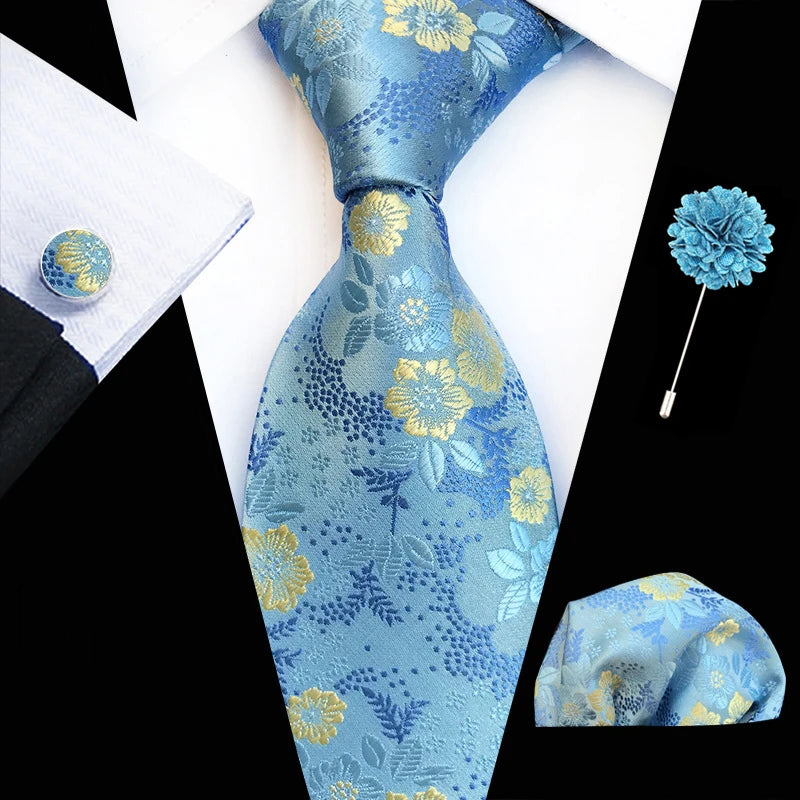 Floral  Neck Tie Set Handkerchief Brooch Cufflinks Men Accessories