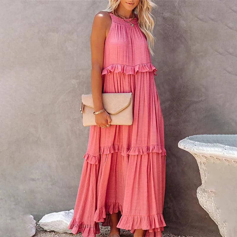 Women’s Elegant Ruffle Maxi Sundress – Sleeveless Summer Beach &amp; Party Dress