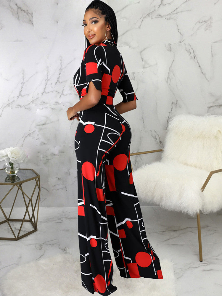 Aesthetic Print Chic Turn Down Collar Half Sleeve Wide Leg Jumpsuit