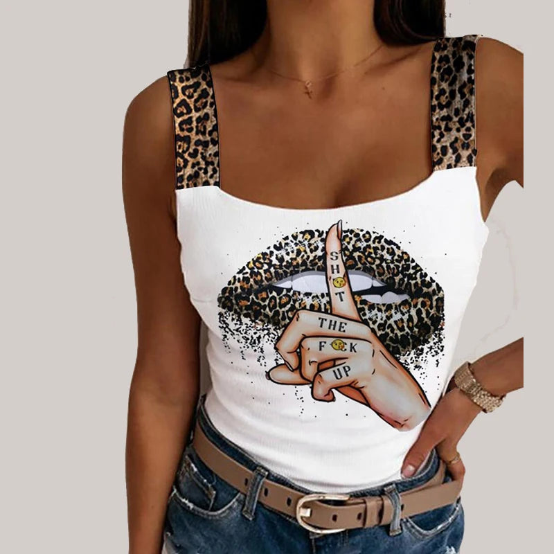 Leopard Lips Print Sleeveless Sexy Tank Tops