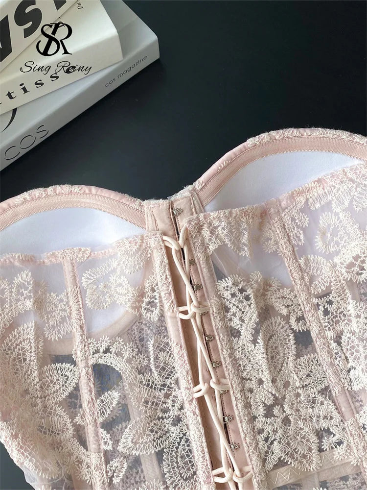 Floral Embroidery Sexy  Strapless Slim Corset Backless Tank Top