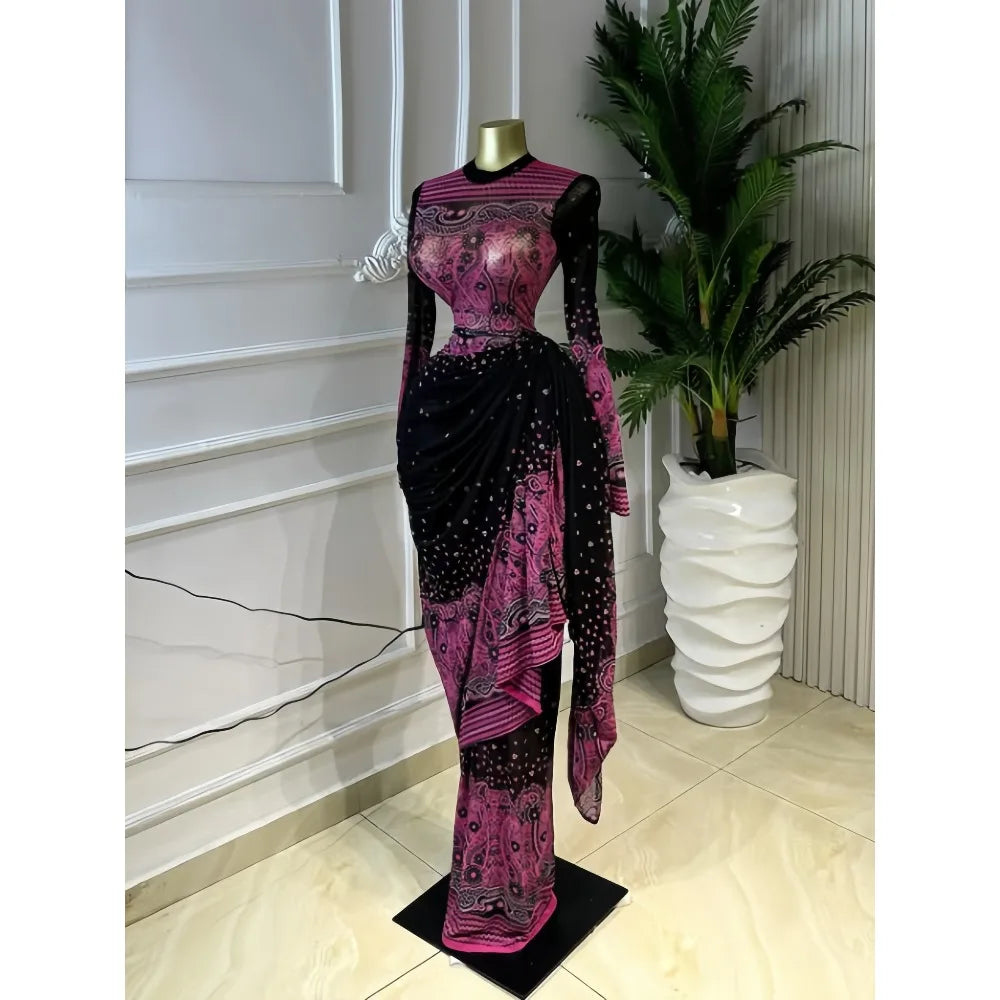 Tie Dye Stacked Ruched Long Sleeve Bodycon Dress
