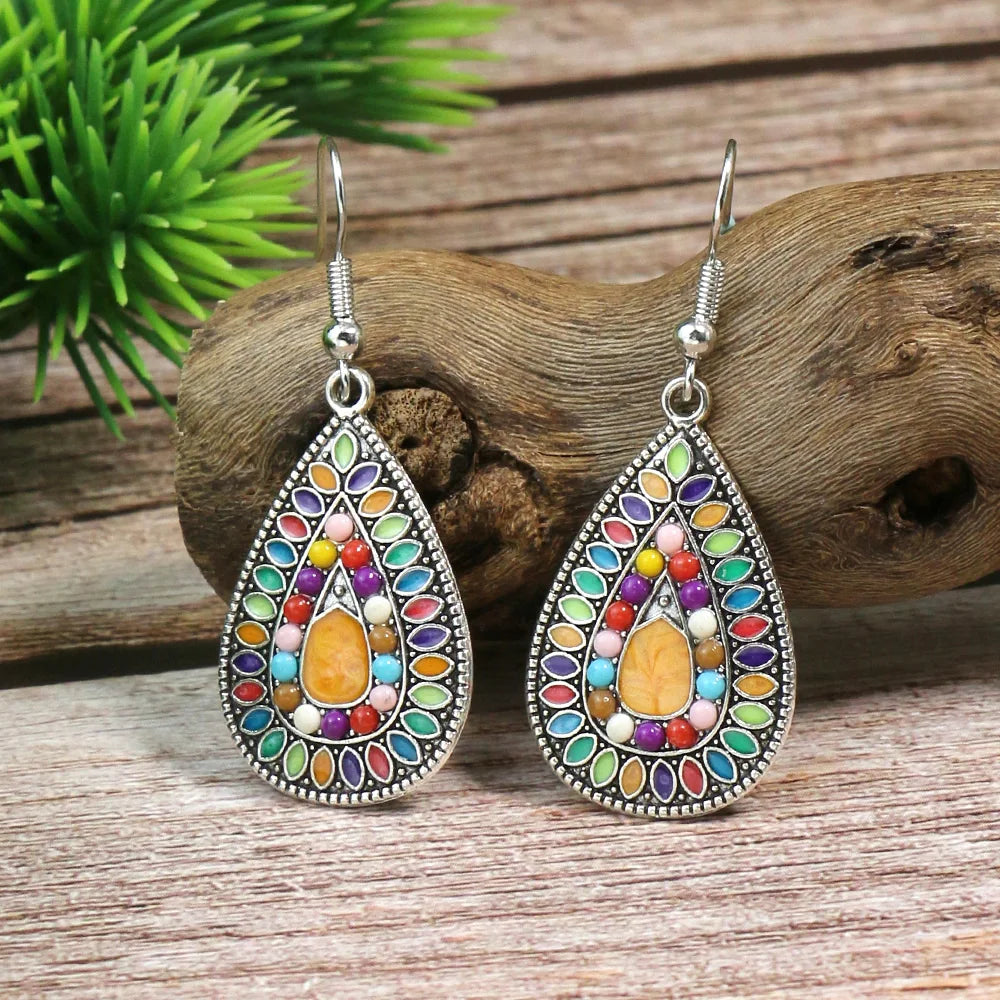 Bohemian Turquoise Vintage Geometric Drop Earrings – Alloy Oil Drop Round Stone Design