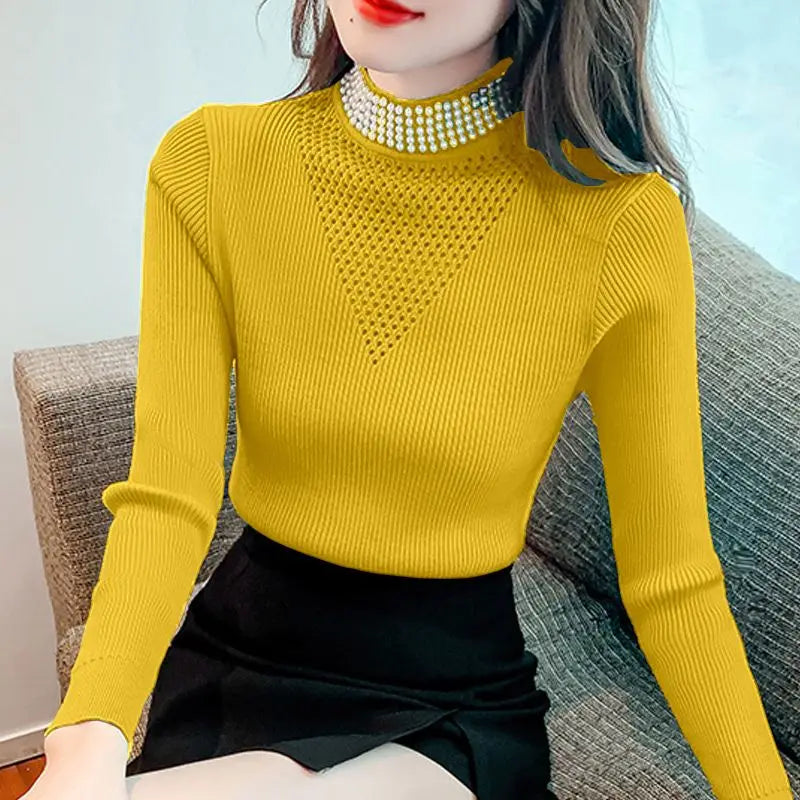 Fashion Stand Collar Spliced Hollow Out Diamonds Sweaters