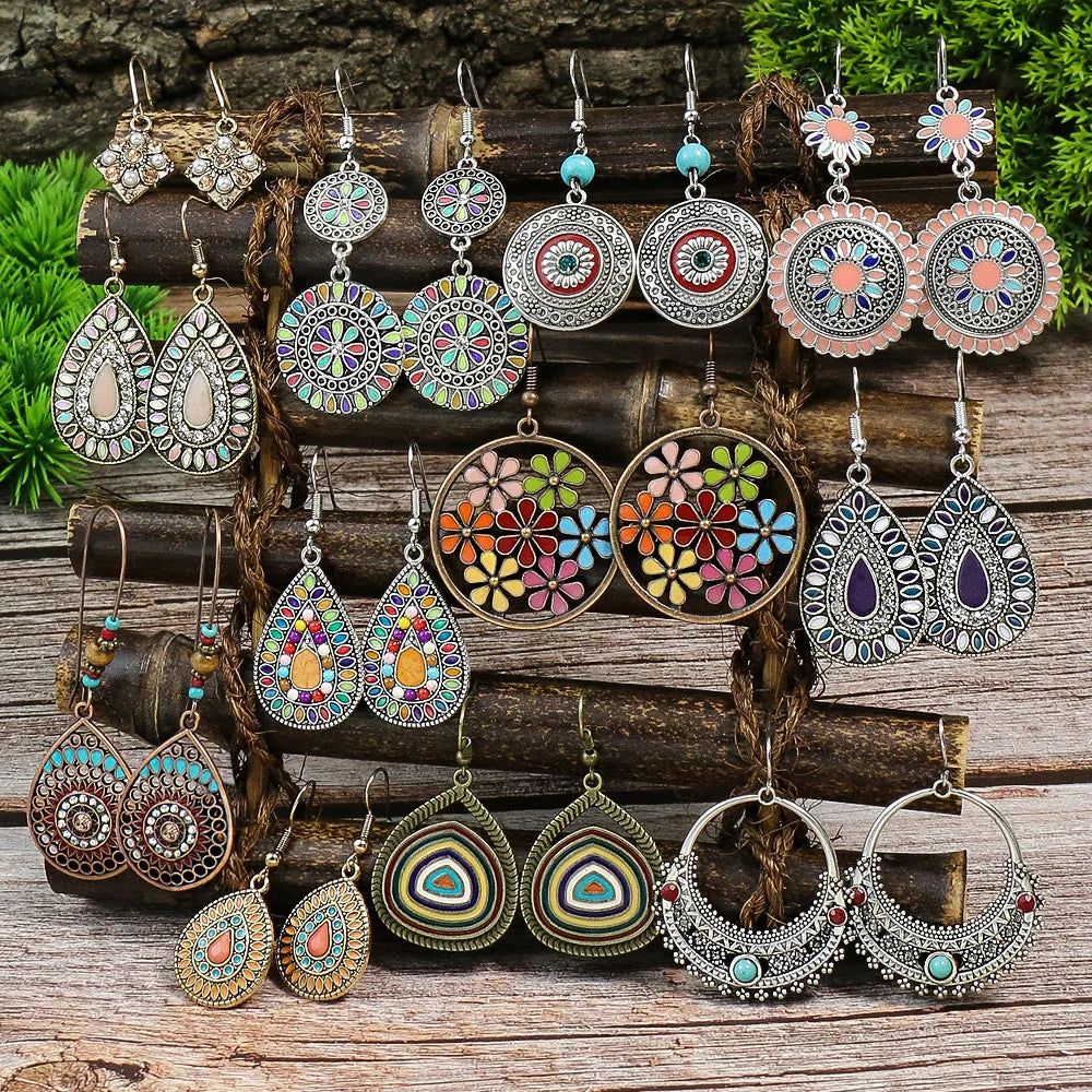 Bohemian Turquoise Vintage Geometric Drop Earrings – Alloy Oil Drop Round Stone Design