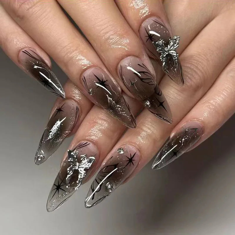 24Pcs Black Fake Nails with Diamond Halloween Long Almond False Nail Butterfly Design Wearable Oval Press on Nails Tips