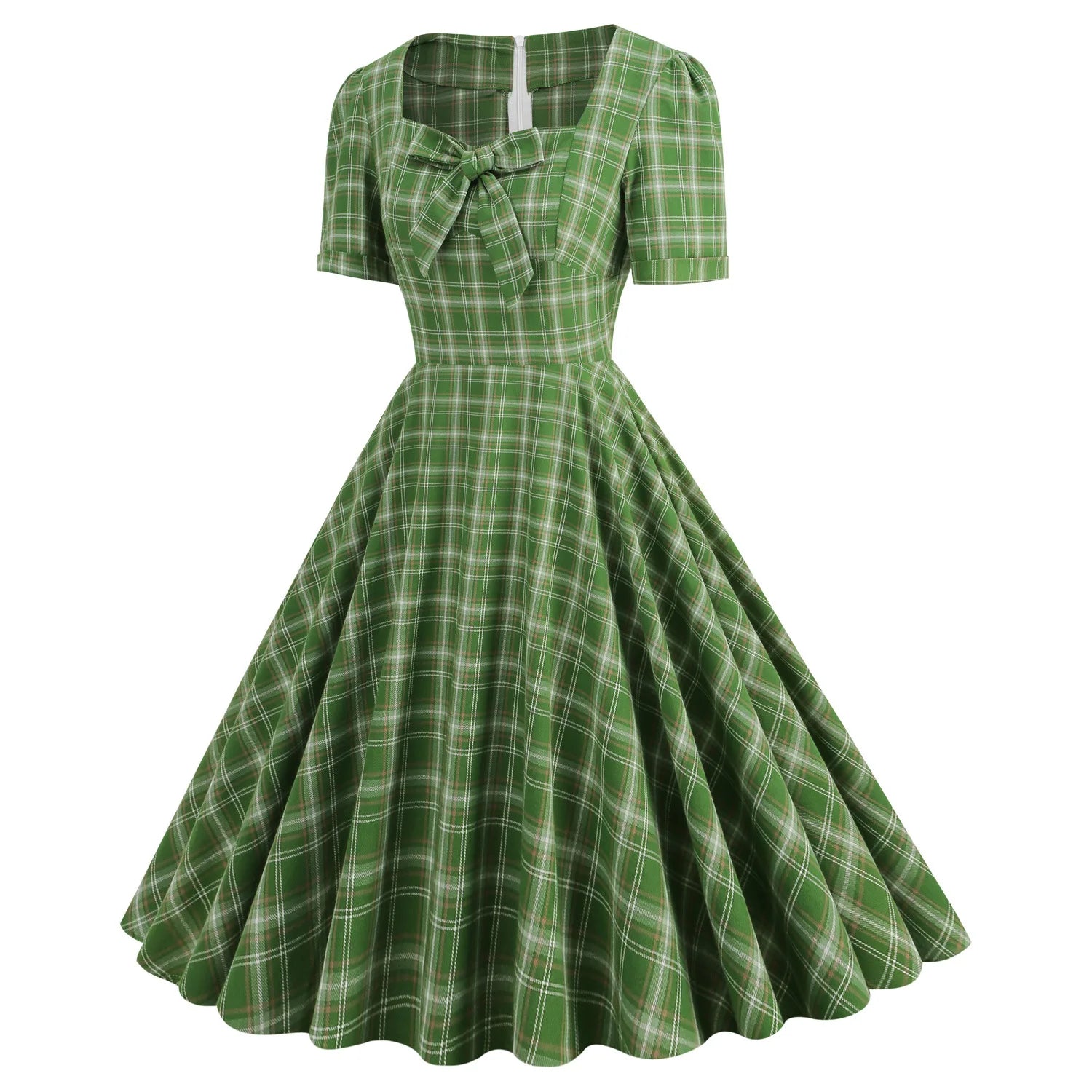 England Style Casual Vintage Short Sleeve Square Neck Bow 50s Pinup Swing Dress