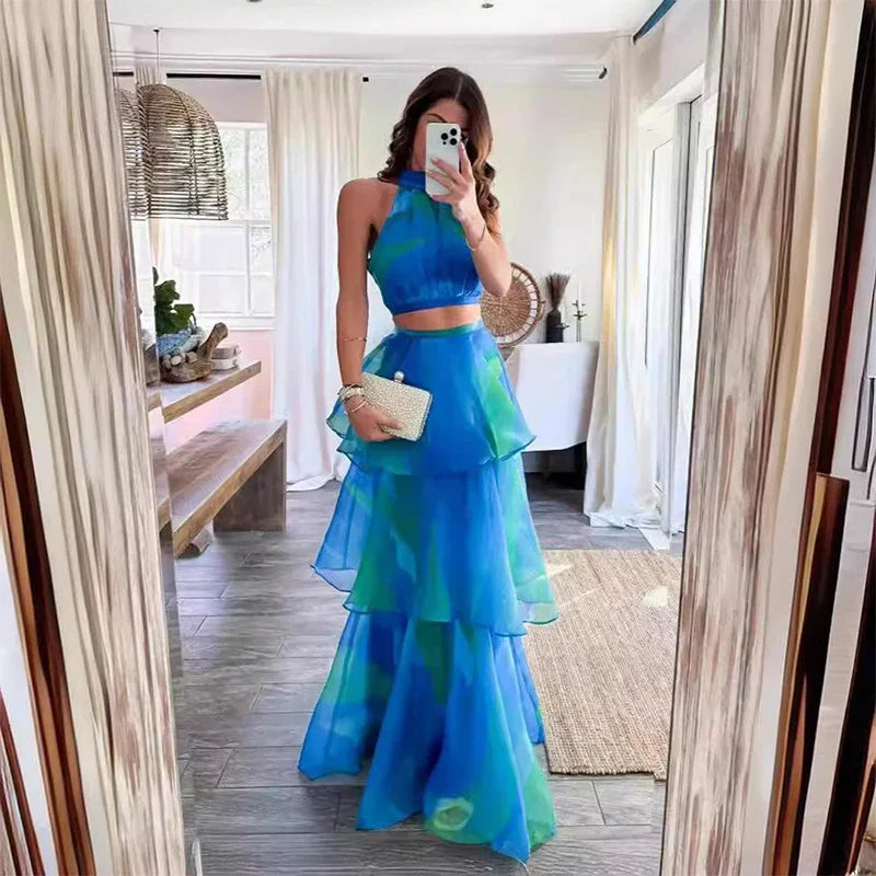 Summer Vacation Casual Sleeveless Top and Sweet Printed Ruffles Cake Long Skirt Set