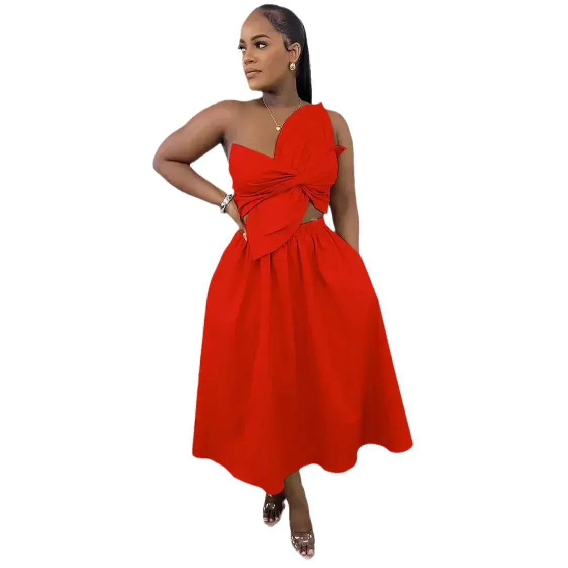 Big Petal Front Strapless Midi Long Dress