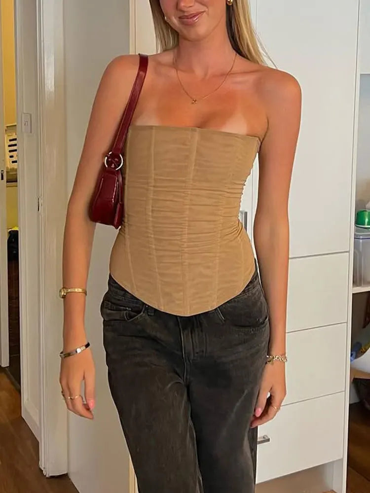 Mesh Backless Summer Patchwork Strapless Solid Slim Sexy  Tank Top