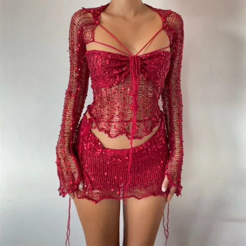 Glitter Sequins Knitted Skirt Sets Women 3 Piece Outfit