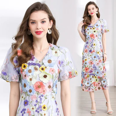 Summer High-end Embroidery Lace 3D Flower Short Sleeve Long Dress