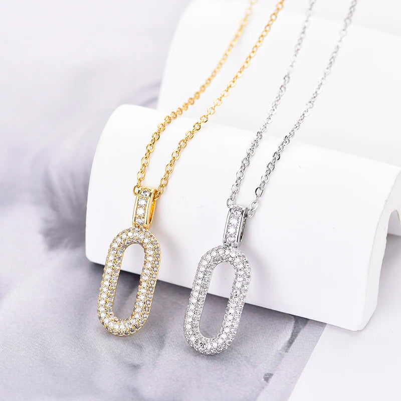 Oval Rectangle Hoop Zincon Pendant Necklace - Durable Stainless Steel