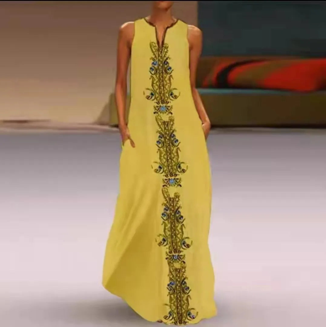 Summer Dress Sleeveless V Neck Floral Letter Print Maxi Long Dresses