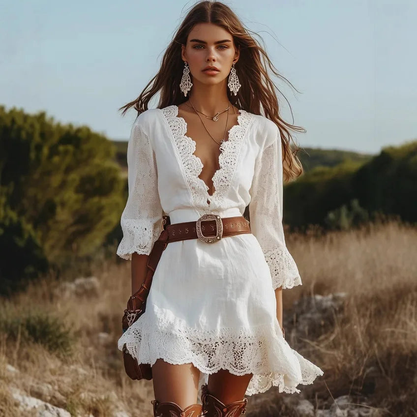 Quarter Sleeve Solid Color Lace V-neck Dress
