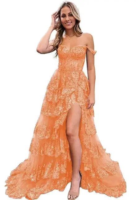 Sexy Lace High Slit Printed Evening Gowns