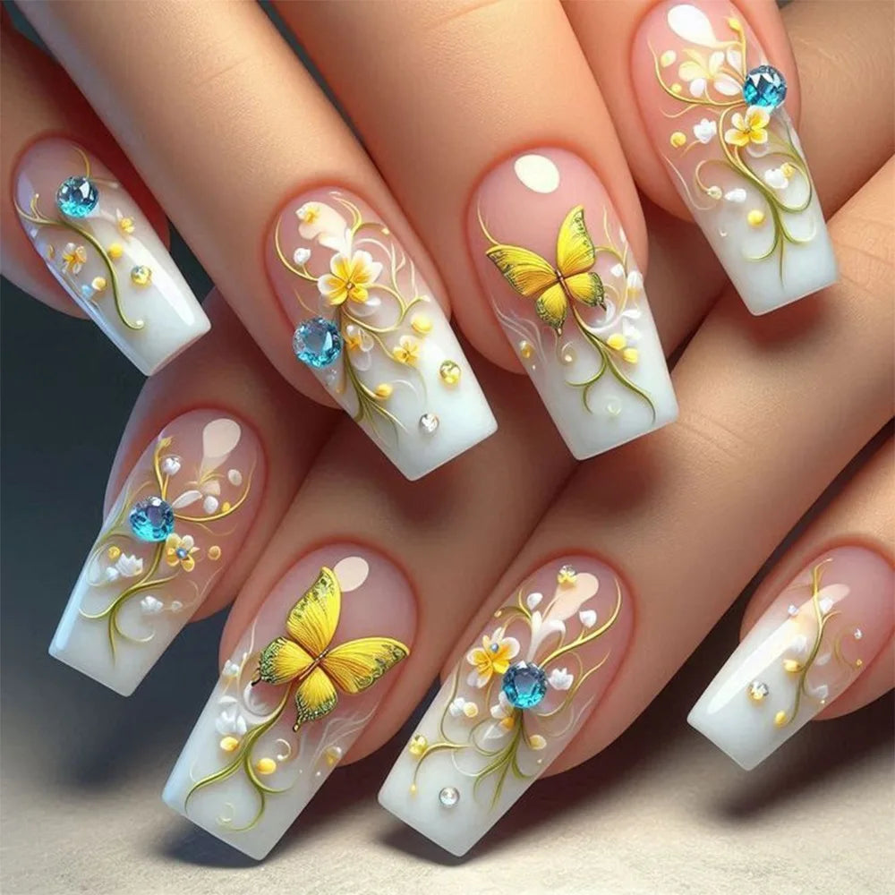 24pcs Mid-length  Flower Design Stick on Fake Nail