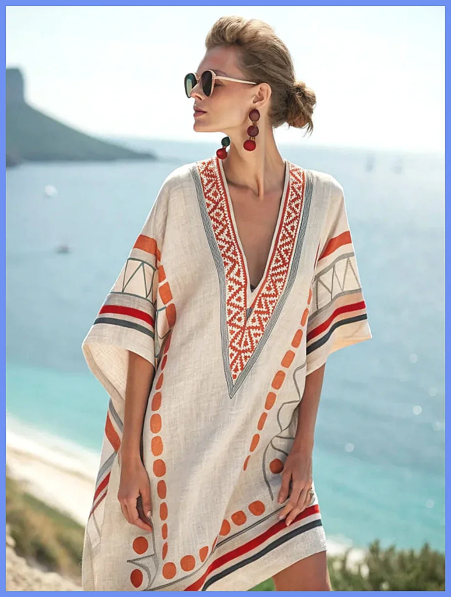 2025 Summer V-Neck Floral Print Loose Beach Dress