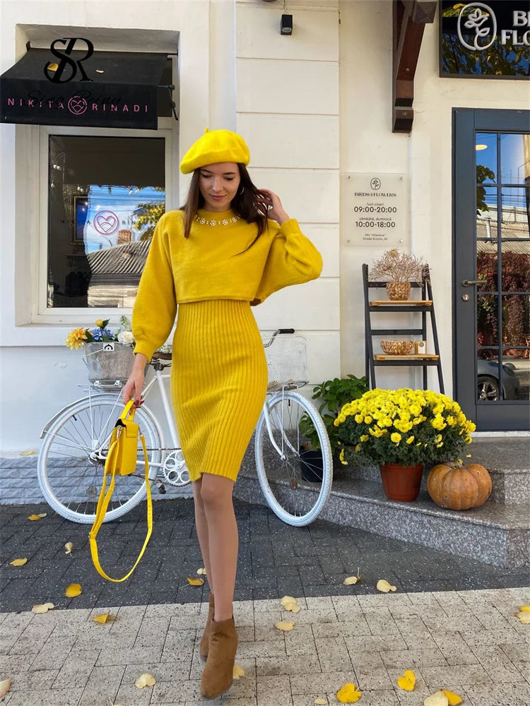 Winter Knitted Fashion Breading Long Sleeve Pearl Sweater+Knitted Camis Dress Sets