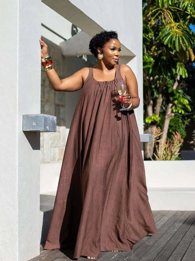Loose Fit Elegant Brown Square Collar Sleeveless Summer Dress – Shequila's Fashions