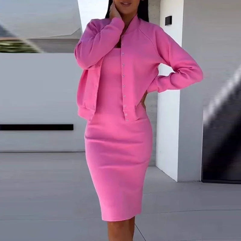 Autumn Winter  Elegant Solid Bodycon Dresses Coat Matching Set