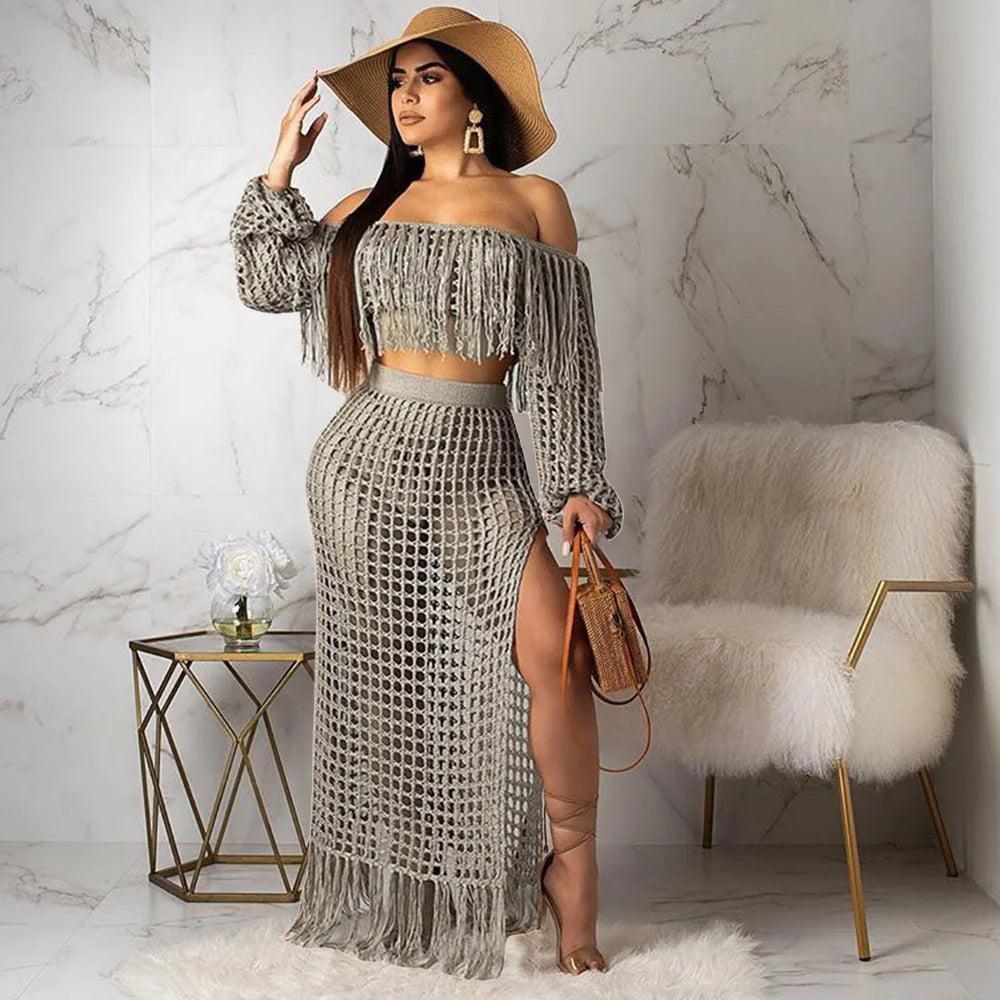 Beach Long Skirts Suit Off Shoulder Tassels Sexy Hollow Out Ensemble 2 Piece Set