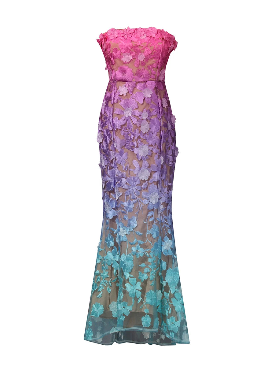 Gradient Spliced Embroidery Strapless Sleeveless Patchwork 3D Flower Long Dresses
