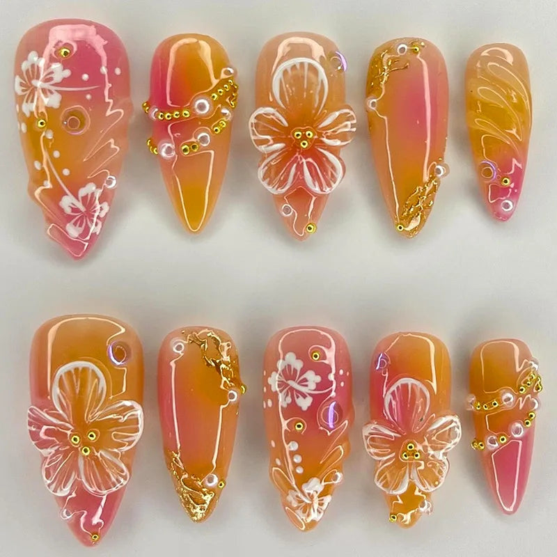 24Pcs Simple Almond Fake Nails with Green Leaves Design