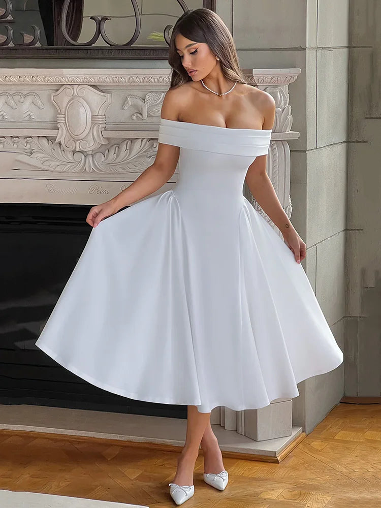Off-shoulder Backless  Solid Strapless Sleeveless A-line Loose Pleated Long Dress