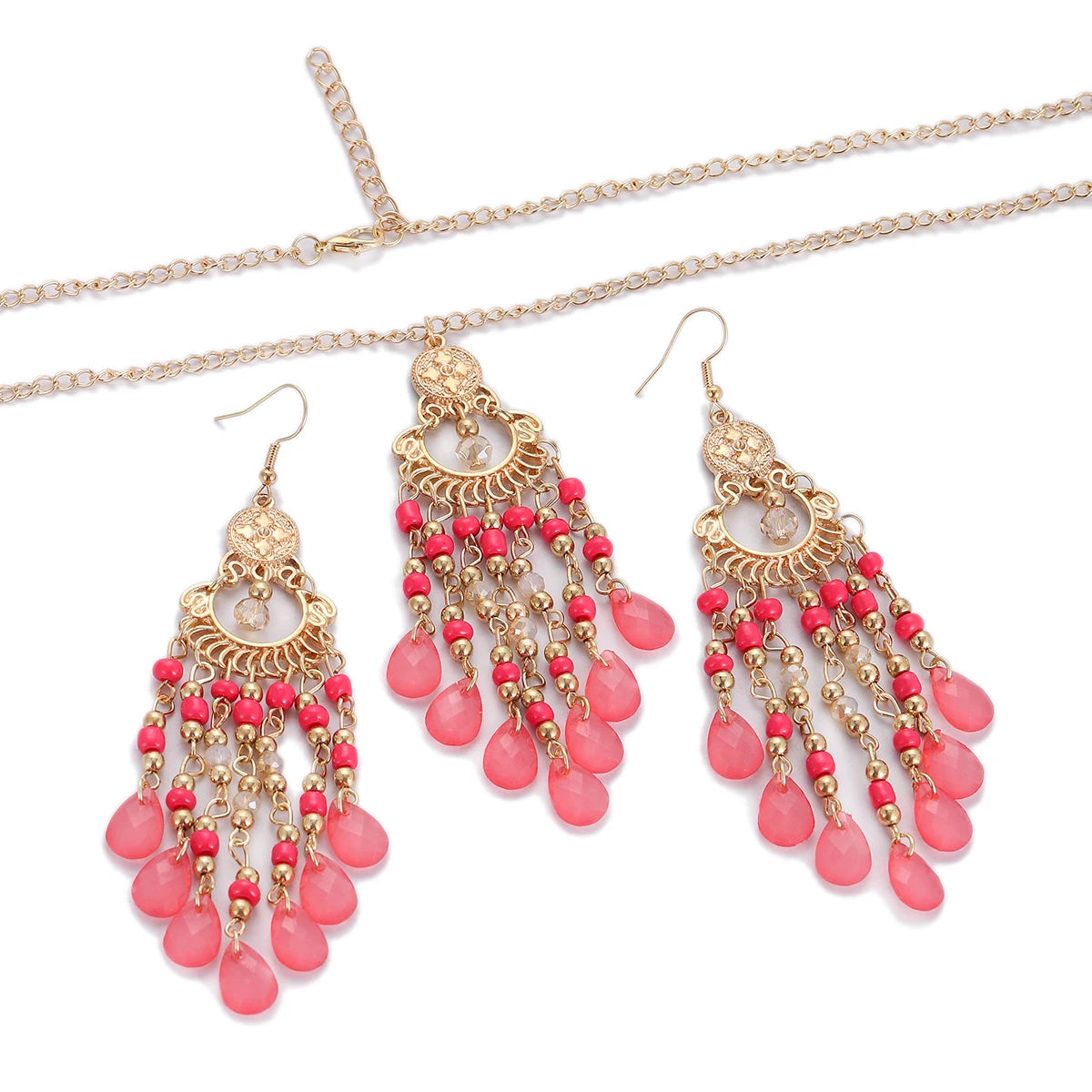 Bohemian Multicolor Crystal Long Tassel Dangle Earrings & Necklace Set – Retro Gold-Plated Geometric Wedding Jewelry