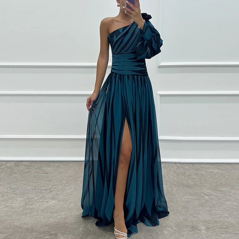 Sexy Spilt Waist Chiffon Stripe Print Asymmetric Long Dress