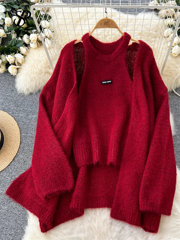 Long Sleeves Loose Warm Cardigan+Sleeveless Knitting Tank Top
