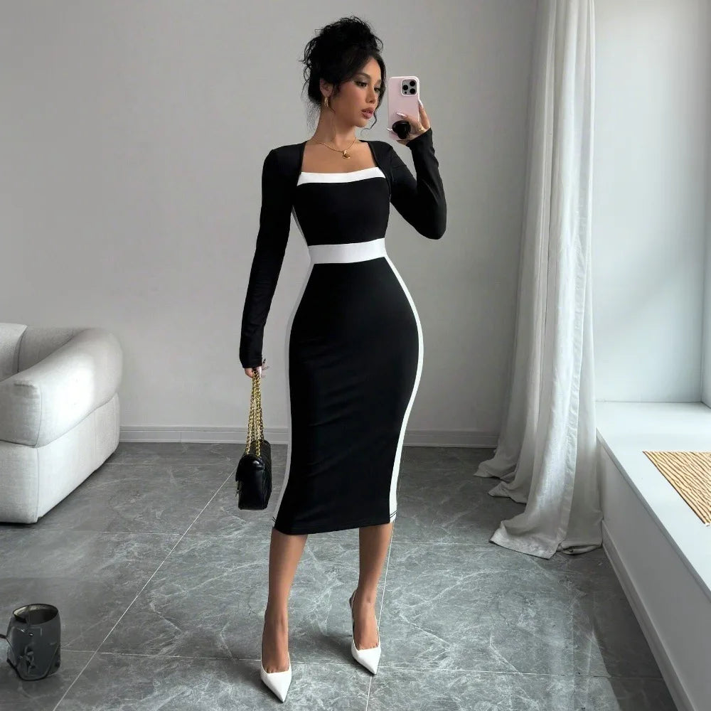 Autumn Winter Square Neck High Waist Long Knitted Dress
