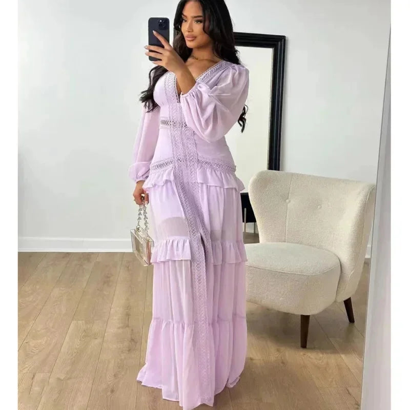 Elegant Hollow Lace  Patchwork Ruffle Deep V Neck Lantern Sleeves Maxi Dresses