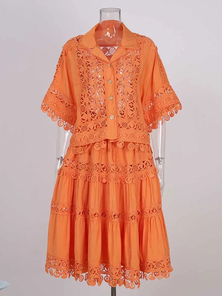 Summer Color Elegant Shirt Skirt Set