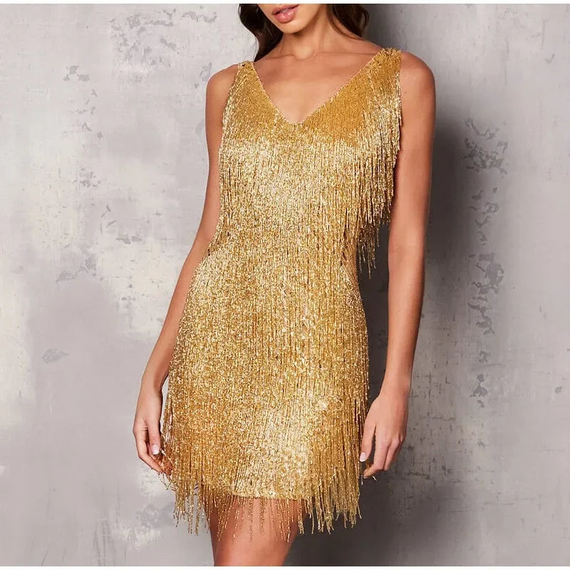 2025 New Sexy Tassel Sequins Feather Mini Dress