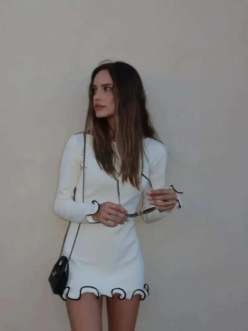 Autumn Long Sleeve Ruffled Knit Black Mini Dress