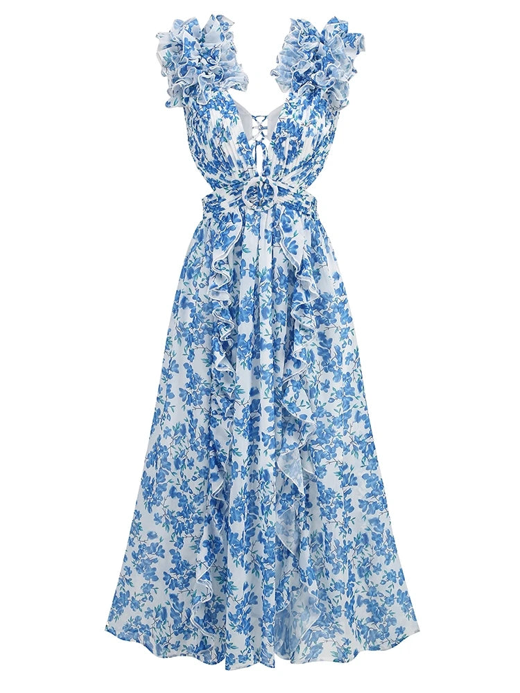 Sexy  Deep V Neck Hollow Out  Sleeveless Ruffle Floral Split Long Dress