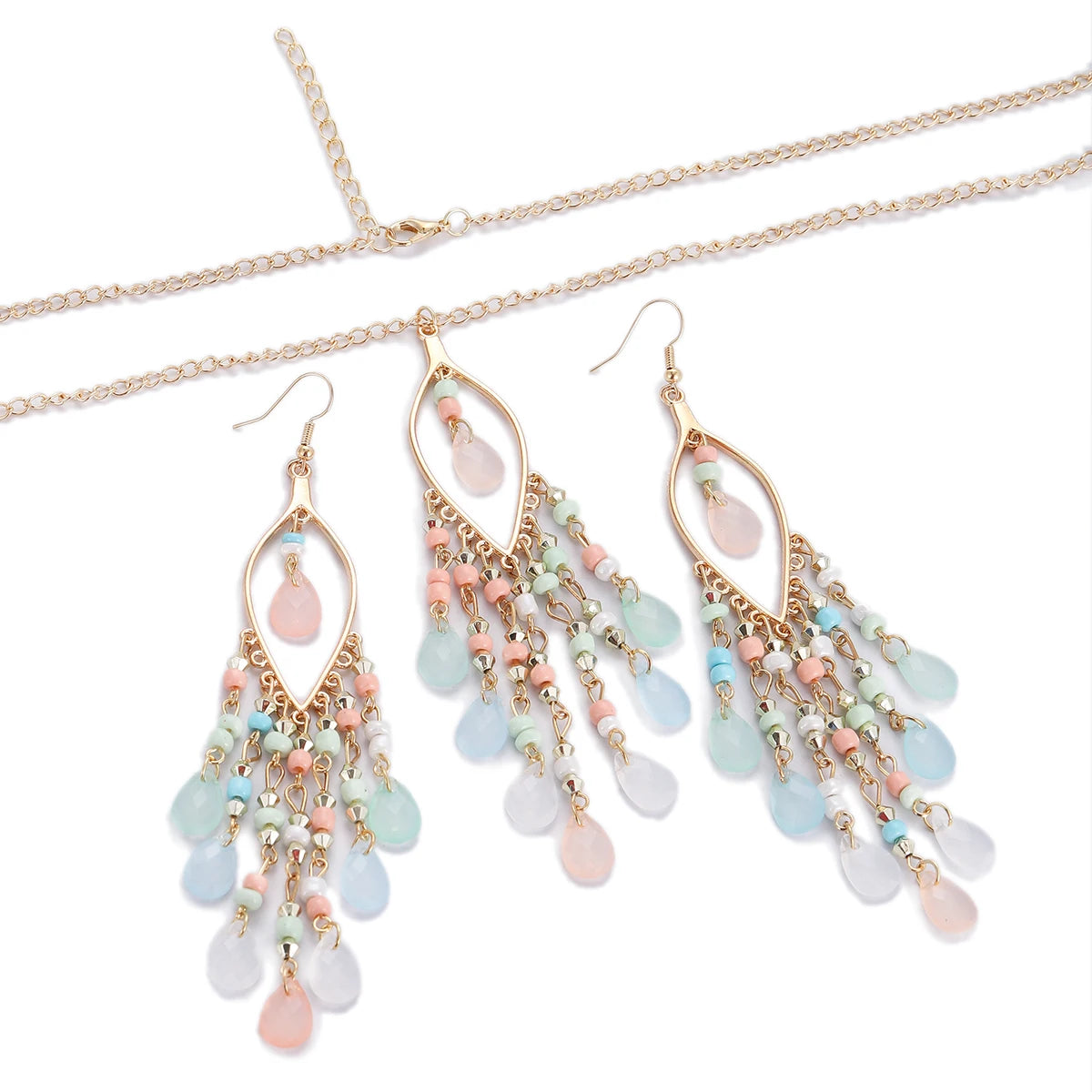 Bohemian Multicolor Crystal Long Tassel Dangle Earrings & Necklace Set – Retro Gold-Plated Geometric Wedding Jewelry