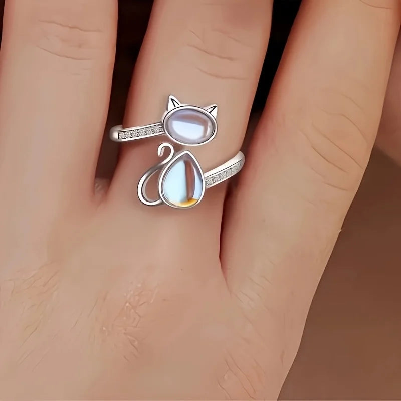 Active Cat Design Opening Rings with Imitation Opal